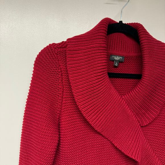 Talbots Womens Cherry Red Faux Wrap V Neck Pullover Sweater Chunky Knitted SP - Picture 3 of 8